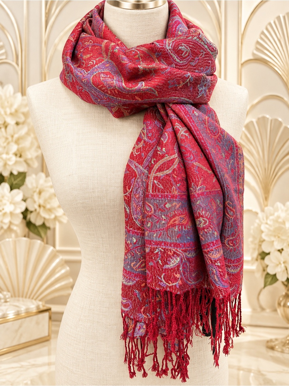 🆕🔥Elegant Burgundy Paisley Fringed Pashmina Scarf - Women Accessories